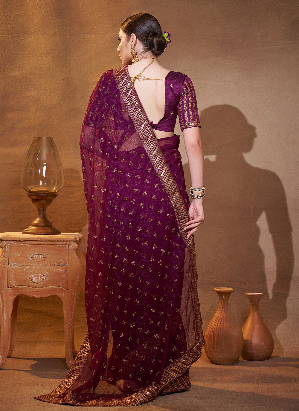 Embroidered Chiffon Wine Saree S14730