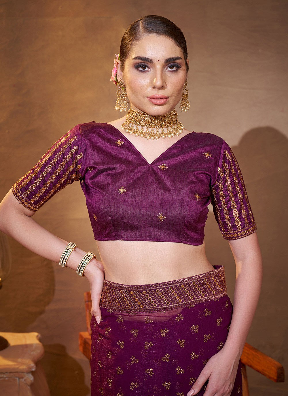 Embroidered Chiffon Wine Saree S14730