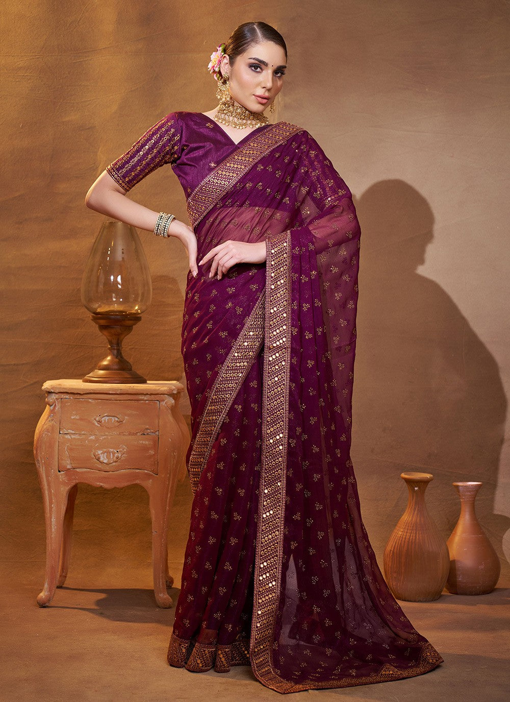 Embroidered Chiffon Wine Saree S14730