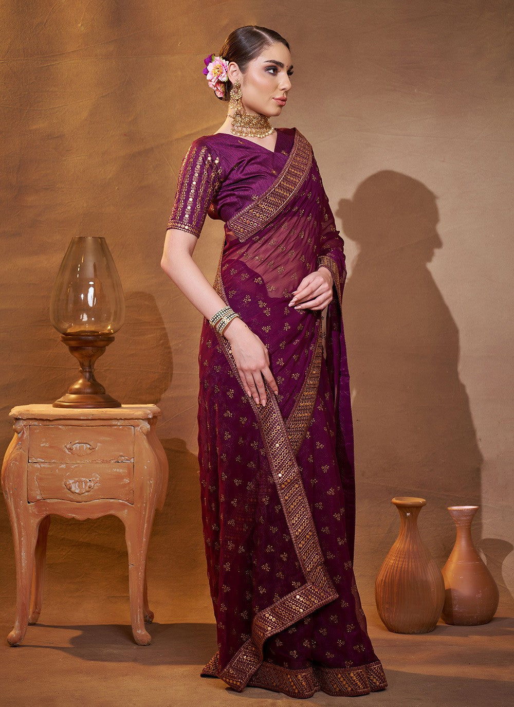 Embroidered Chiffon Wine Saree S14730