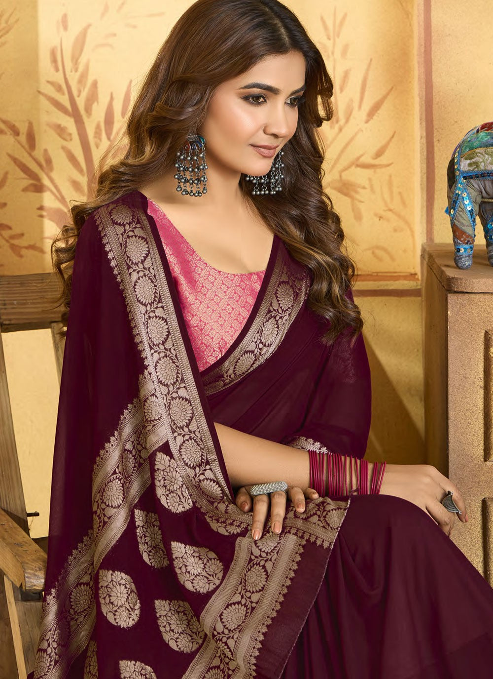 Designer Jacquard Work Wine Chiffon Saree S13351