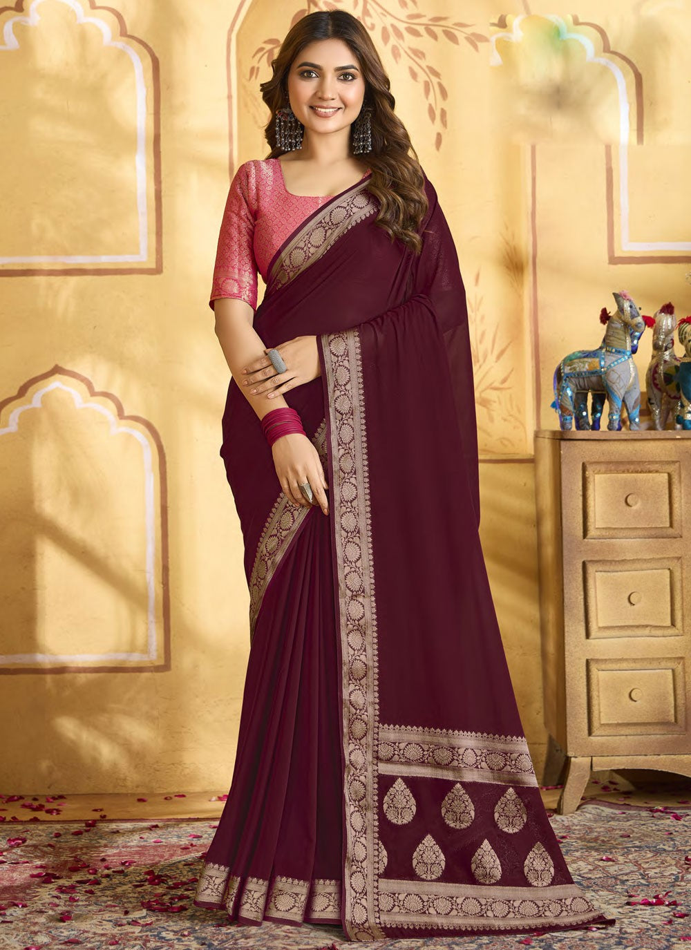 Designer Jacquard Work Wine Chiffon Saree S13351