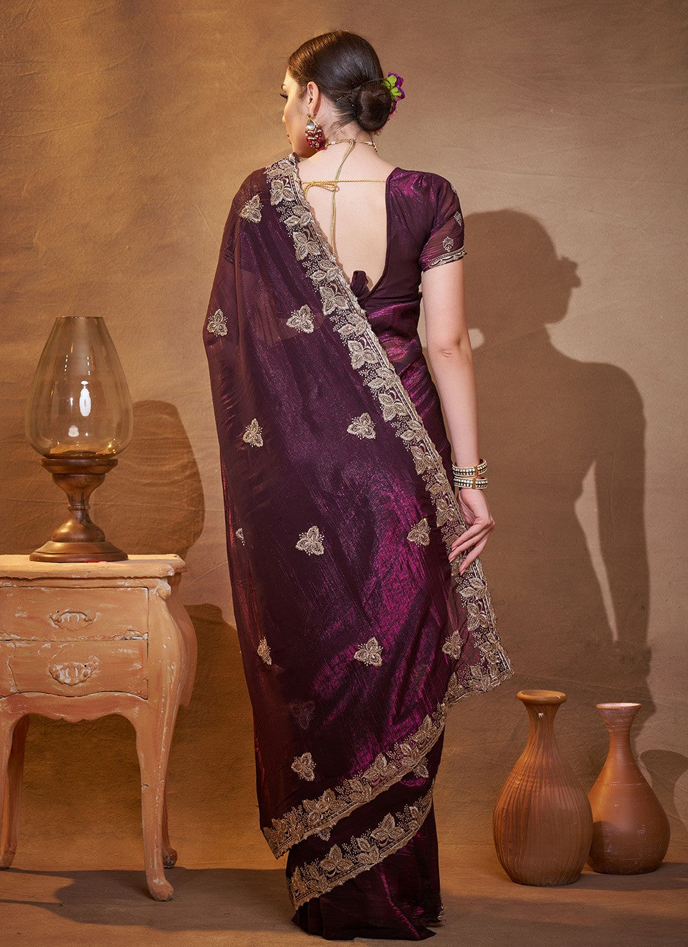 Embroidered Chiffon Wine Saree S14410
