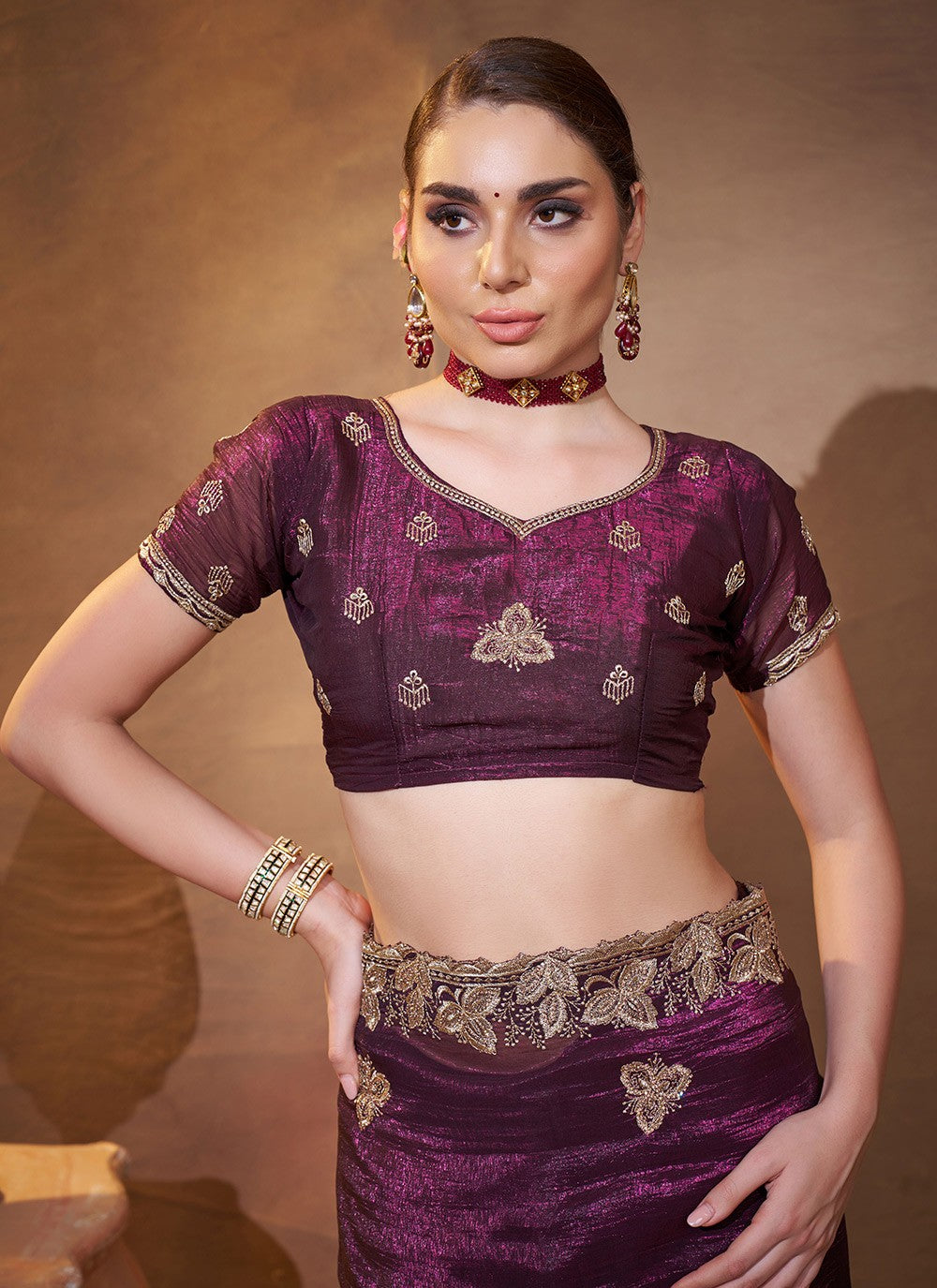 Embroidered Chiffon Wine Saree S14410