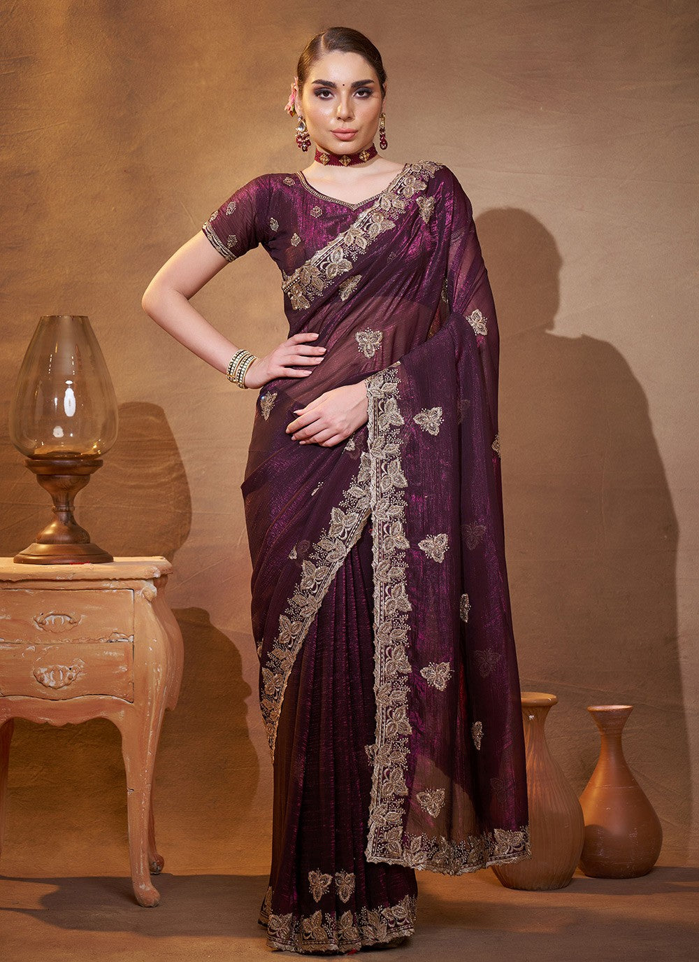 Embroidered Chiffon Wine Saree S14410