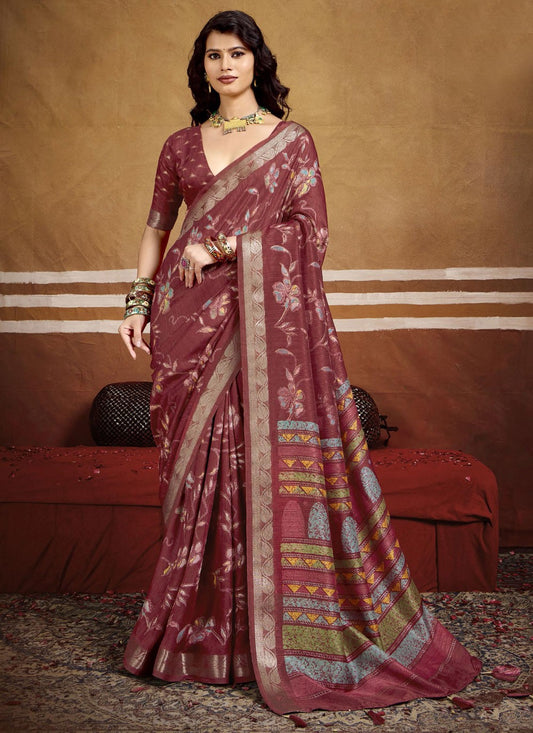 Wine Silk Classic Saree Printed, Weaving Zari S16253
