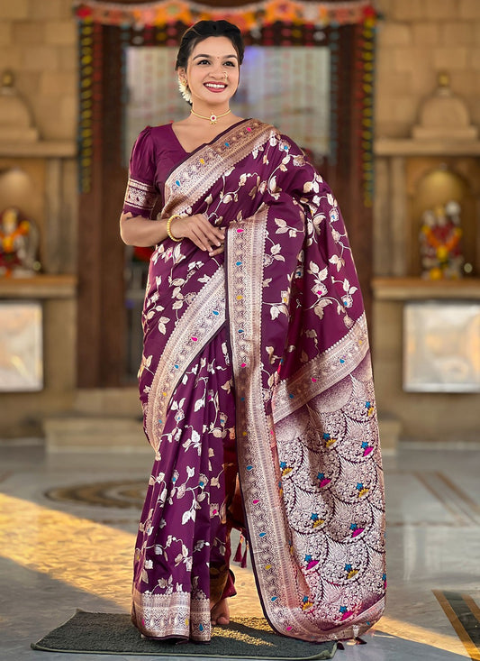 Wine Banarasi Silk Contemporary Saree Jacquard Work, Woven S16593
