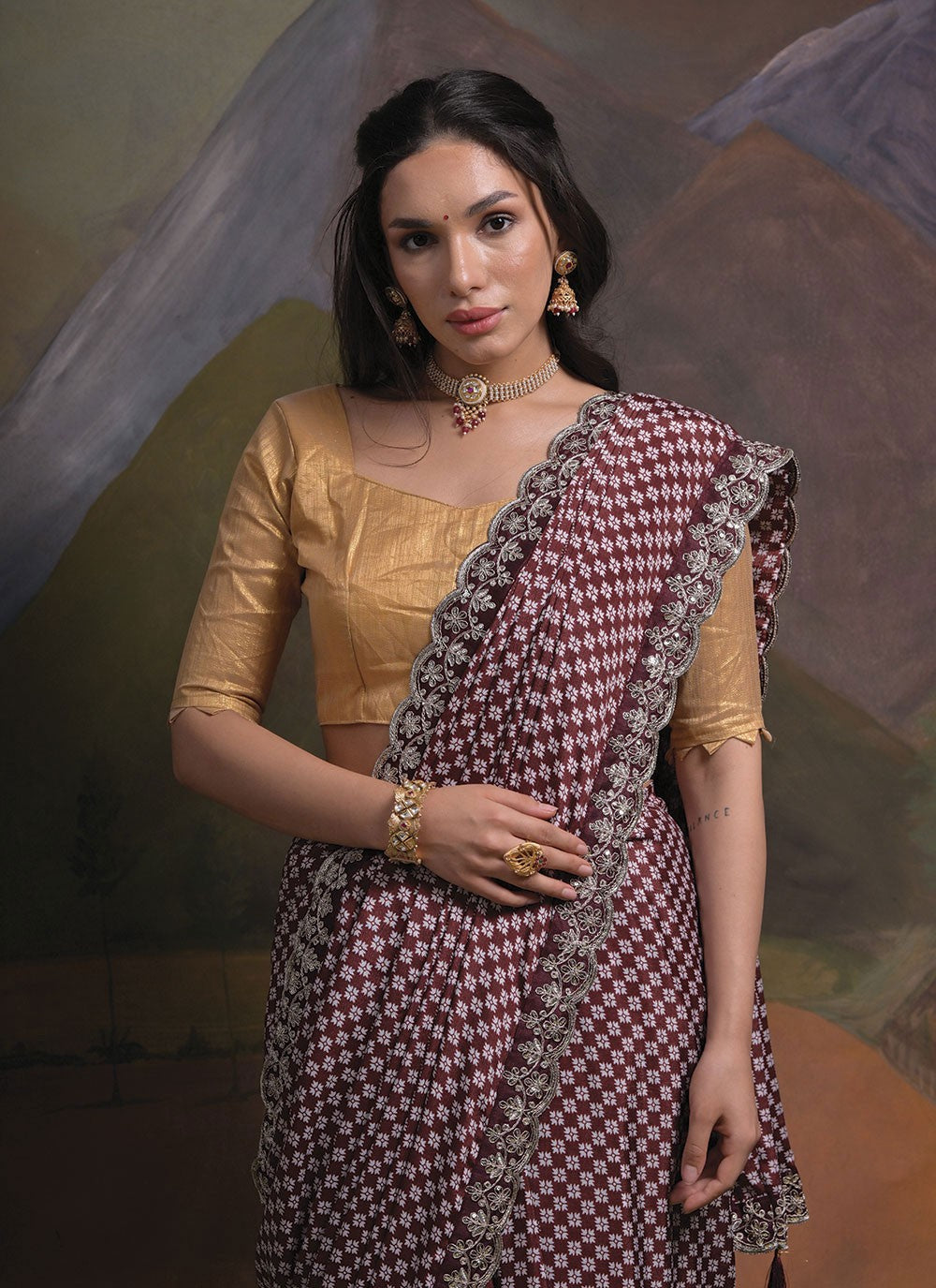 Trendy Border Work Chinon Saree - S4777