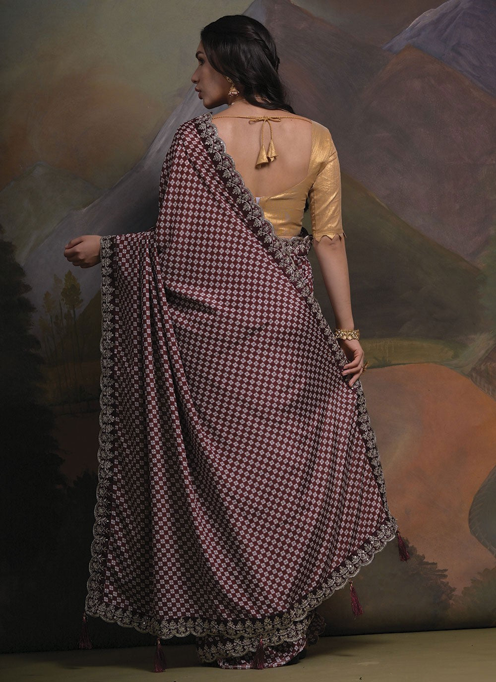 Trendy Border Work Chinon Saree - S4777