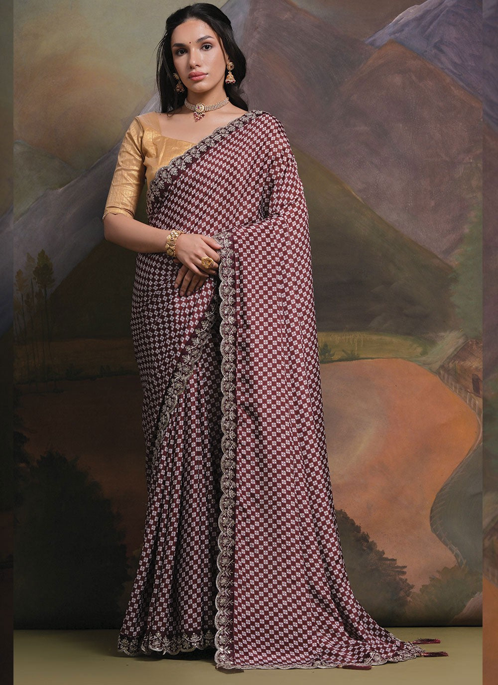 Trendy Border Work Chinon Saree - S4777
