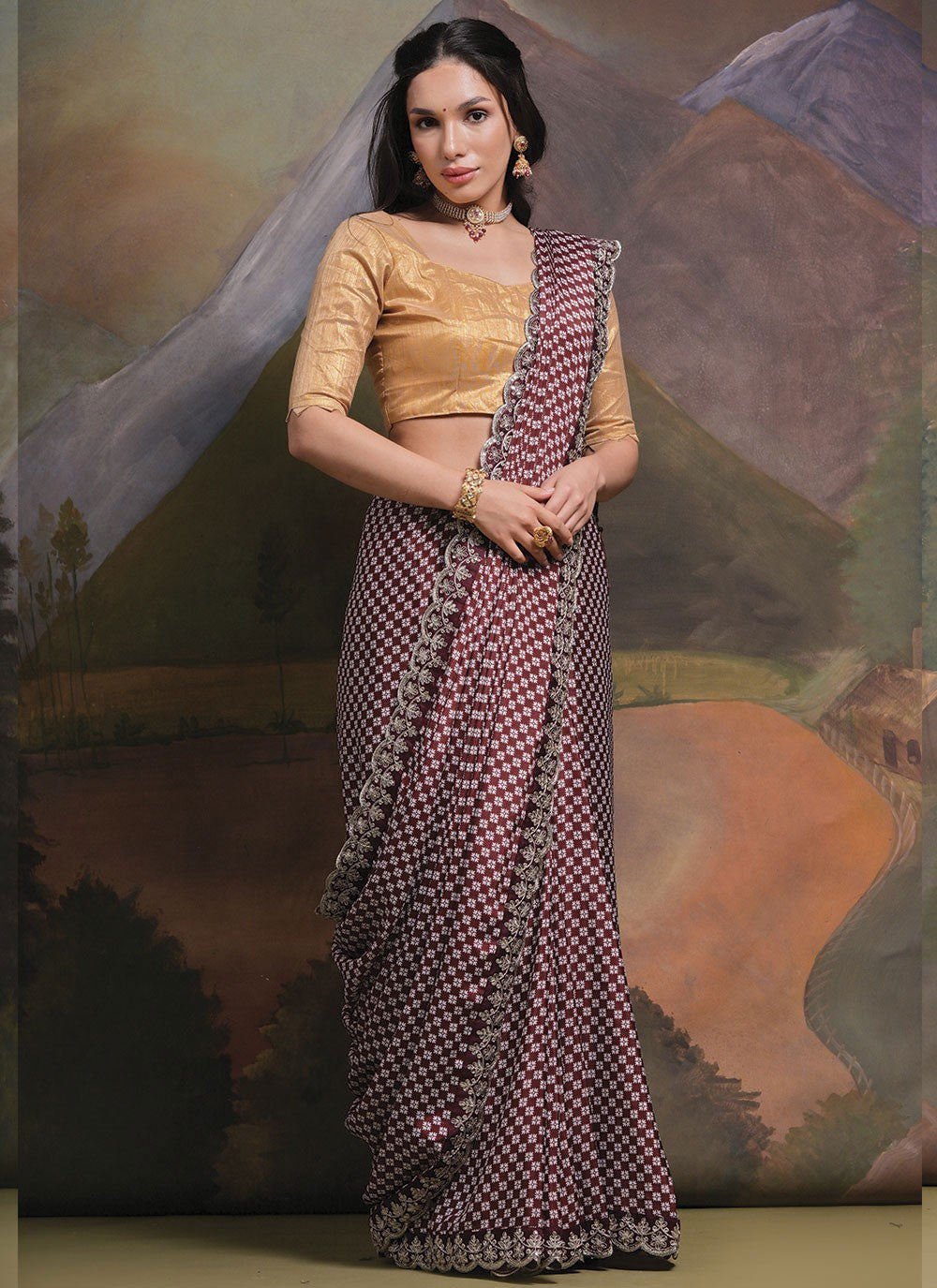 Trendy Border Work Chinon Saree - S4777