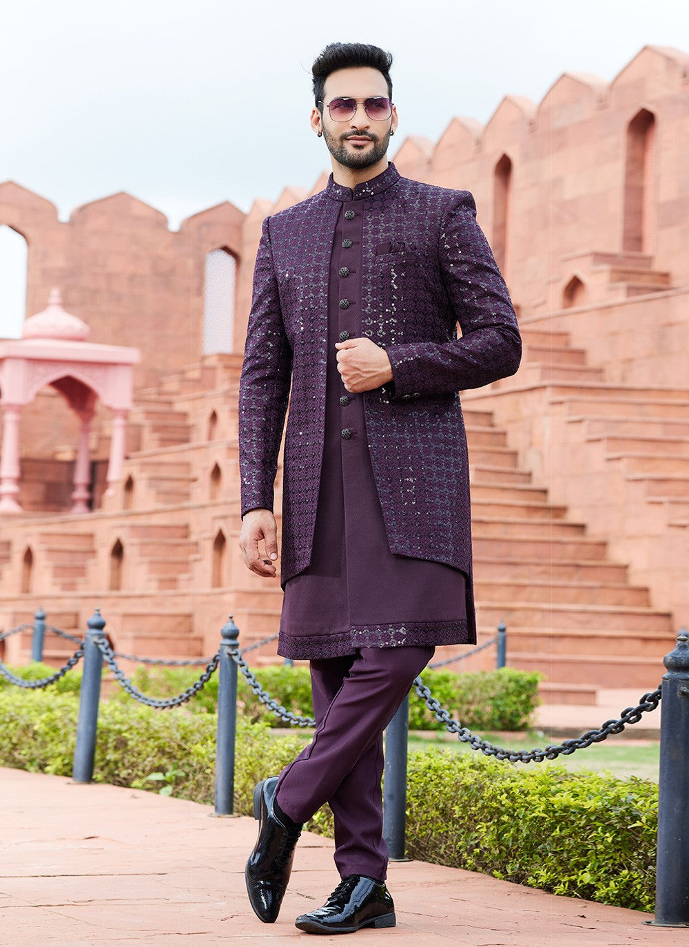 Fancy Work Art Silk Wine Indo Western Sherwani - M6160