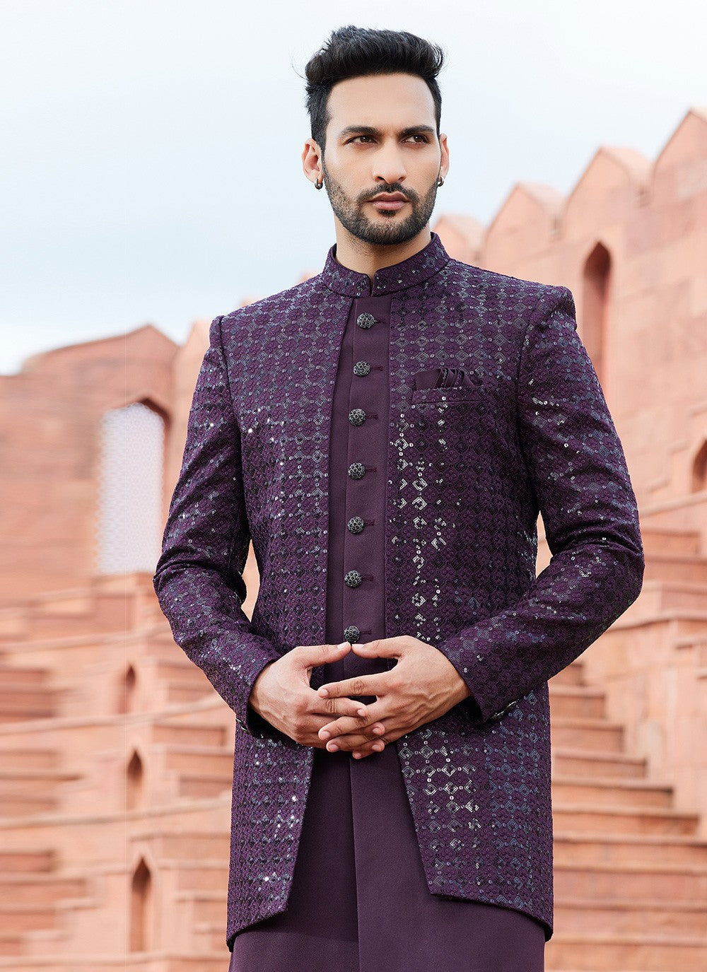 Fancy Work Art Silk Wine Indo Western Sherwani - M6160