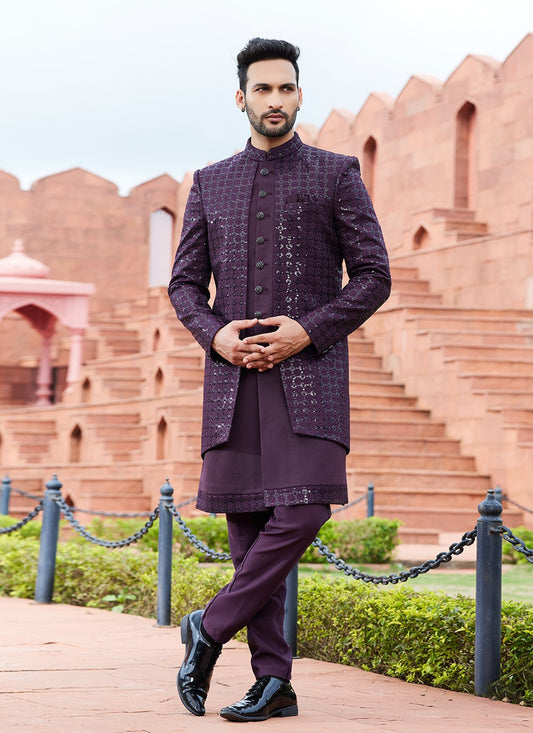 Fancy Work Art Silk Wine Indo Western Sherwani - M6160