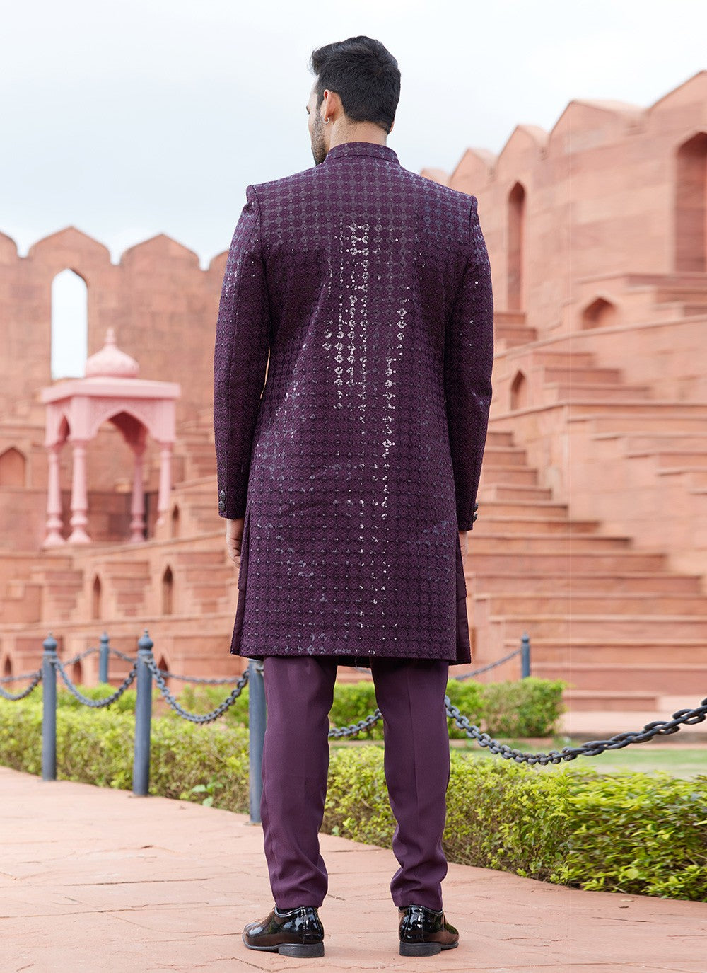 Fancy Work Art Silk Wine Indo Western Sherwani - M6160