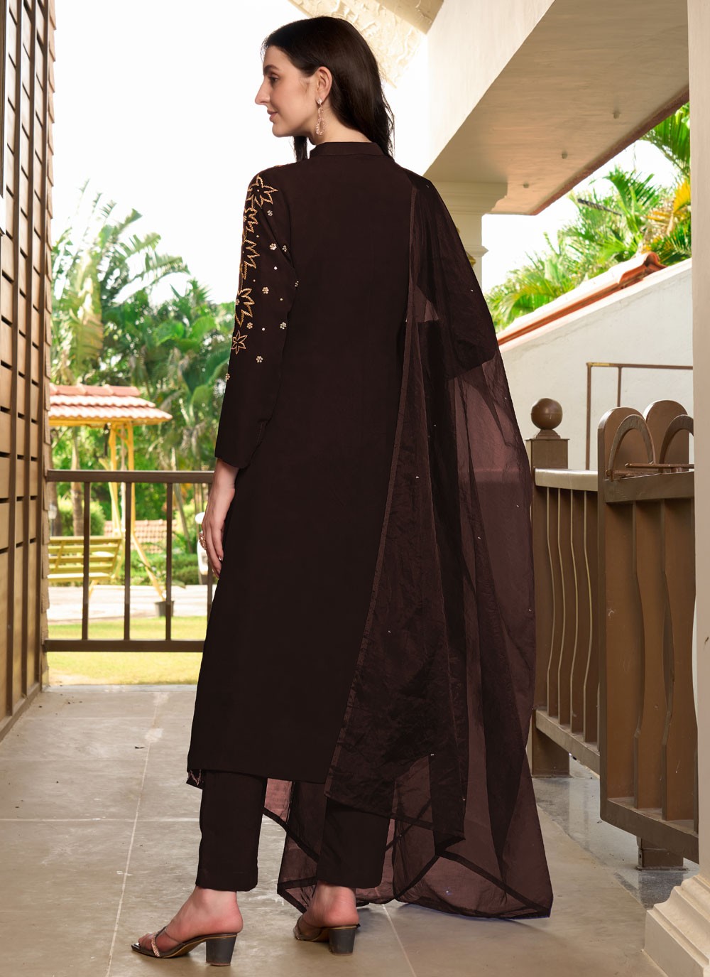 Pant Style Suit Embroidered Wine Georgette T5332
