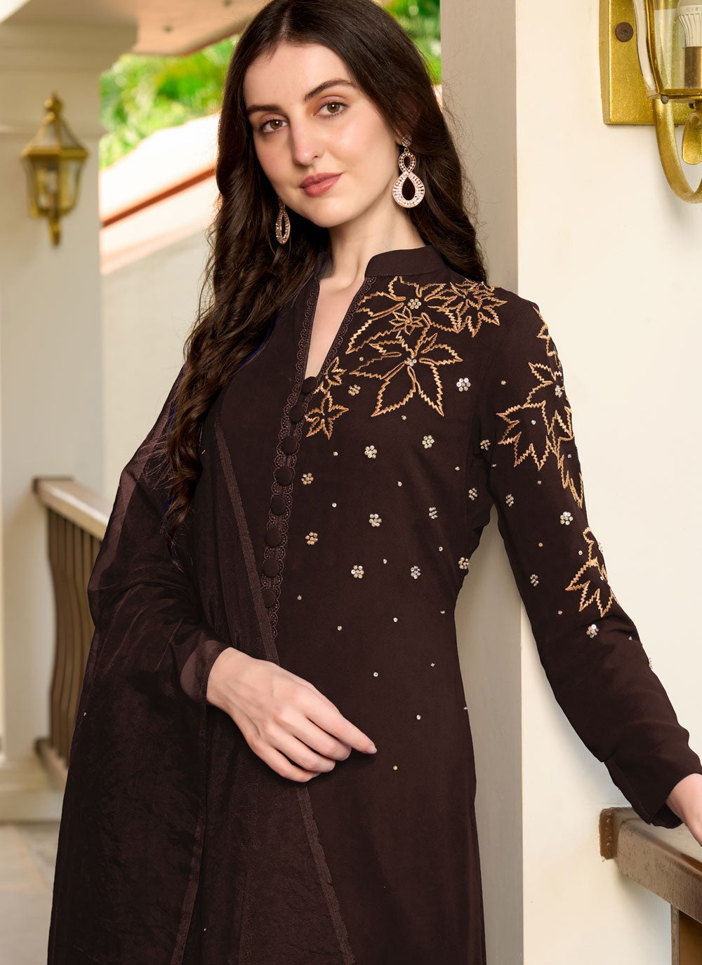 Pant Style Suit Embroidered Wine Georgette T5332
