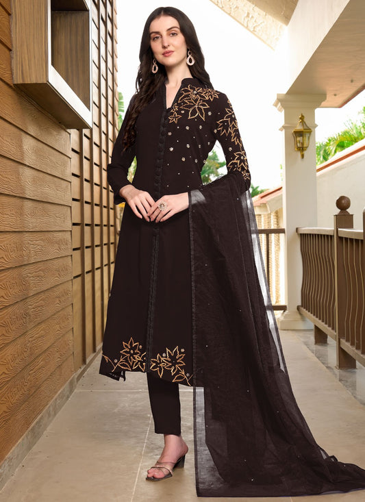 Pant Style Suit Embroidered Wine Georgette T5332