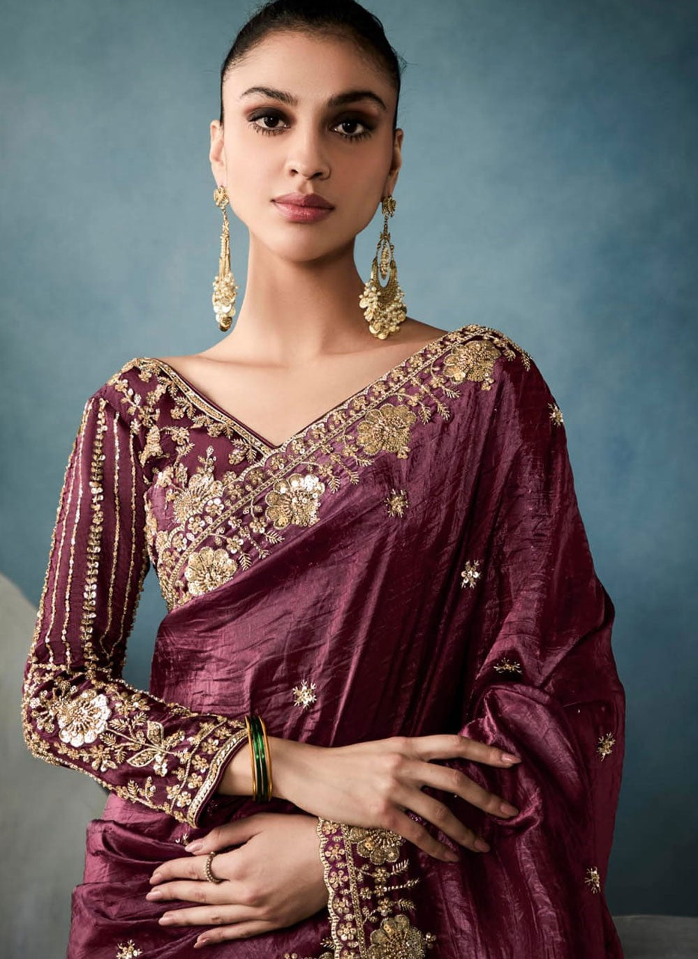 Wine Tissue Traditional Saree Embroidered, Sequins, Zari S19851
