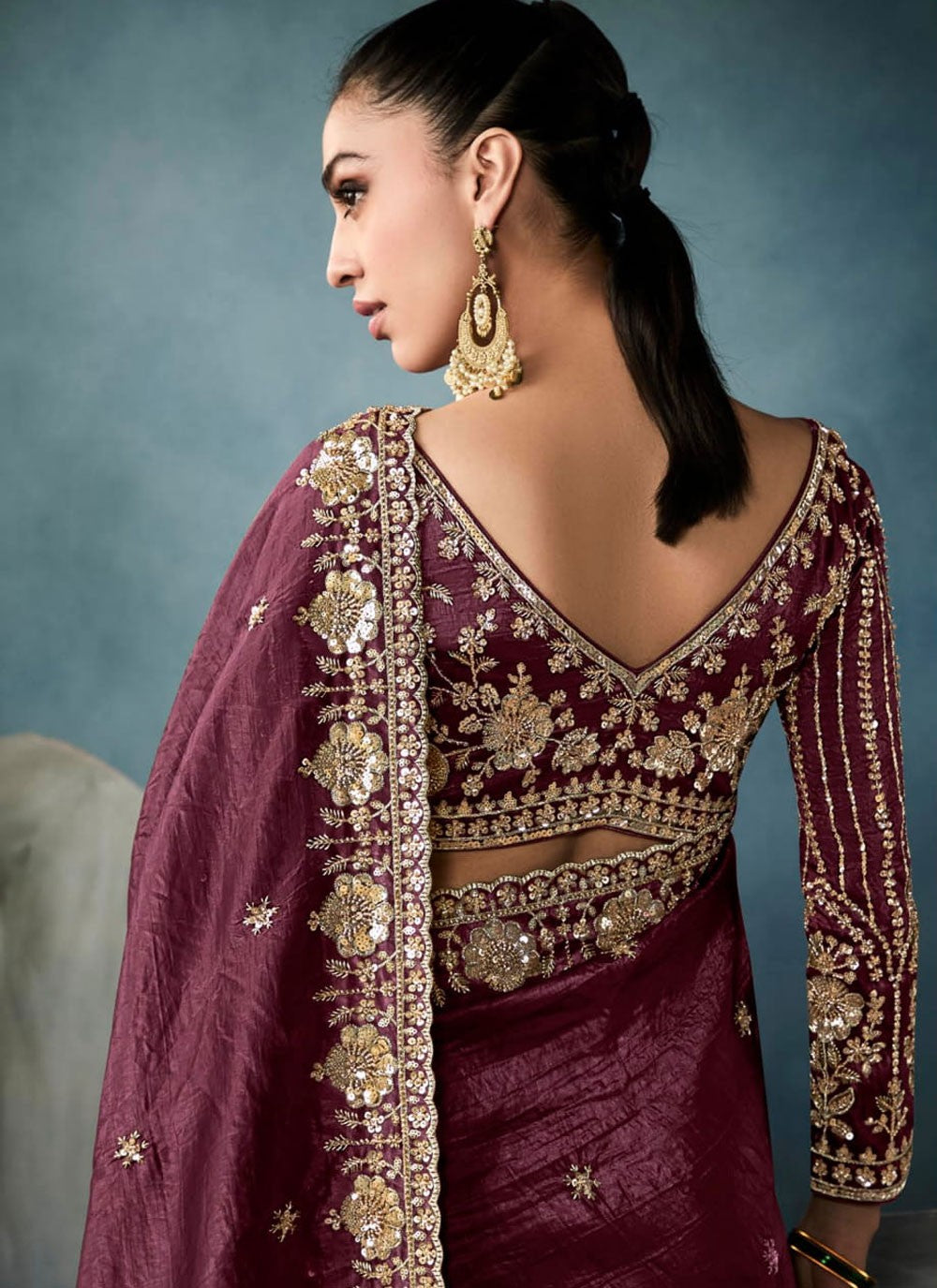 Wine Tissue Traditional Saree Embroidered, Sequins, Zari S19851