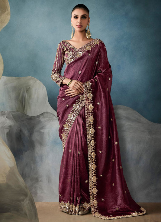 Wine Tissue Traditional Saree Embroidered, Sequins, Zari S19851