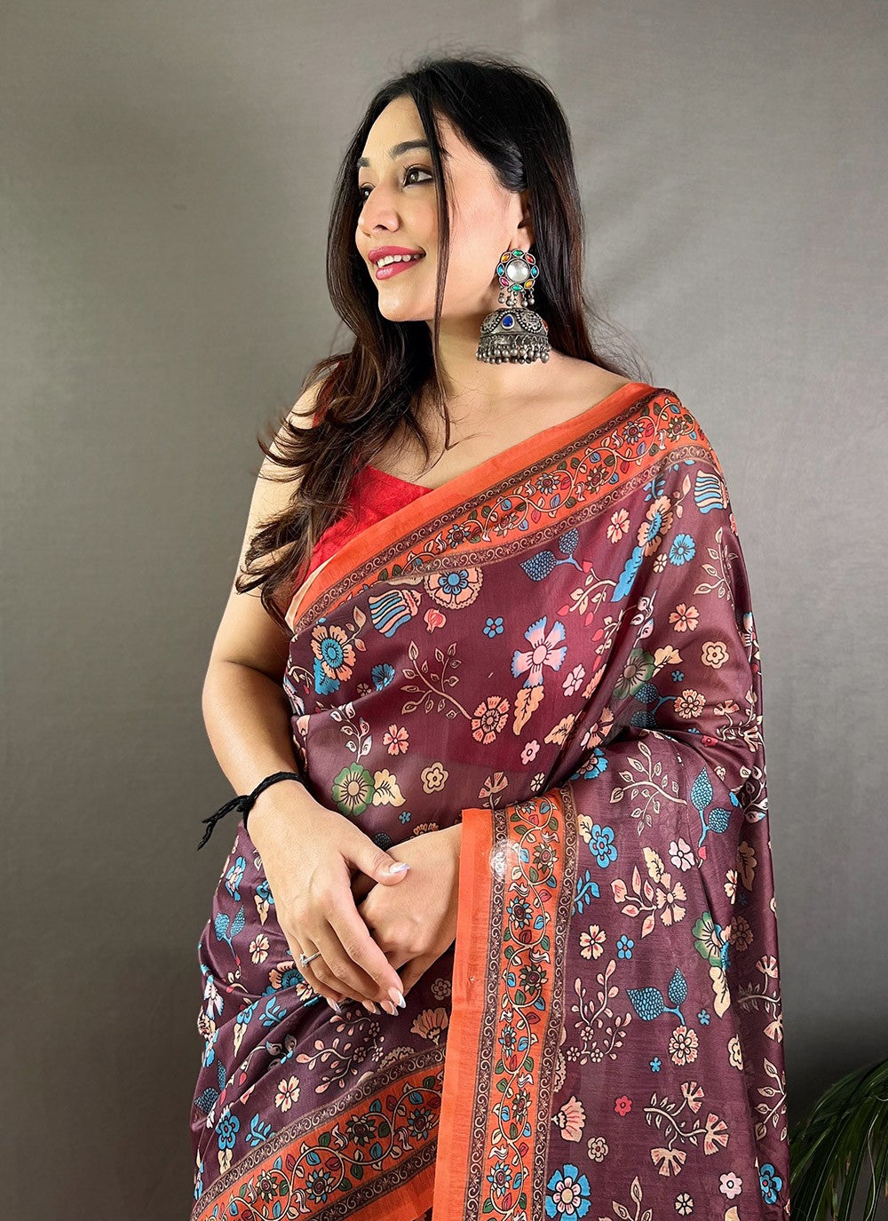 Classic Saree Floral Printed Wine Cotton Saree S13686