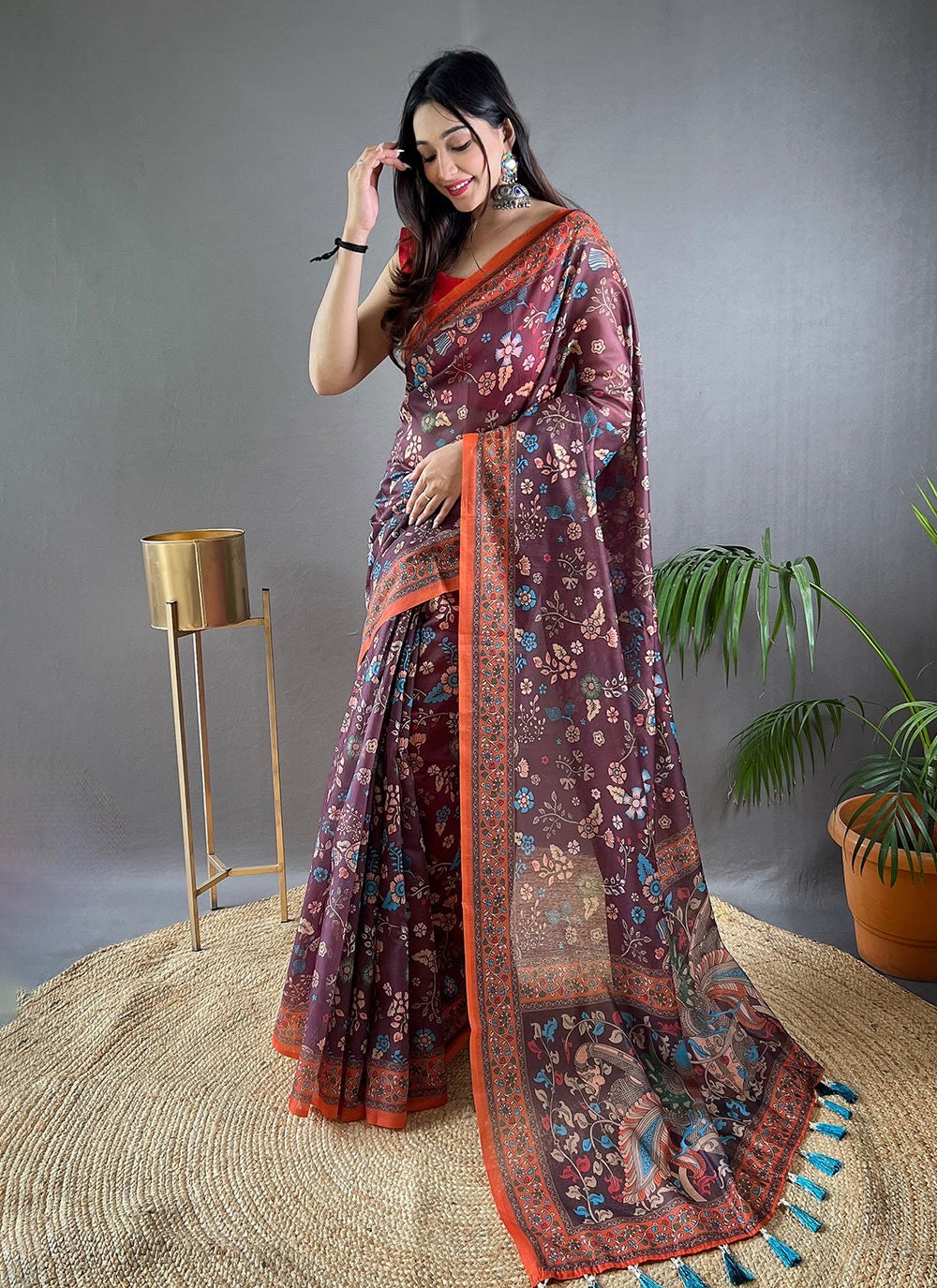 Classic Saree Floral Printed Wine Cotton Saree S13686