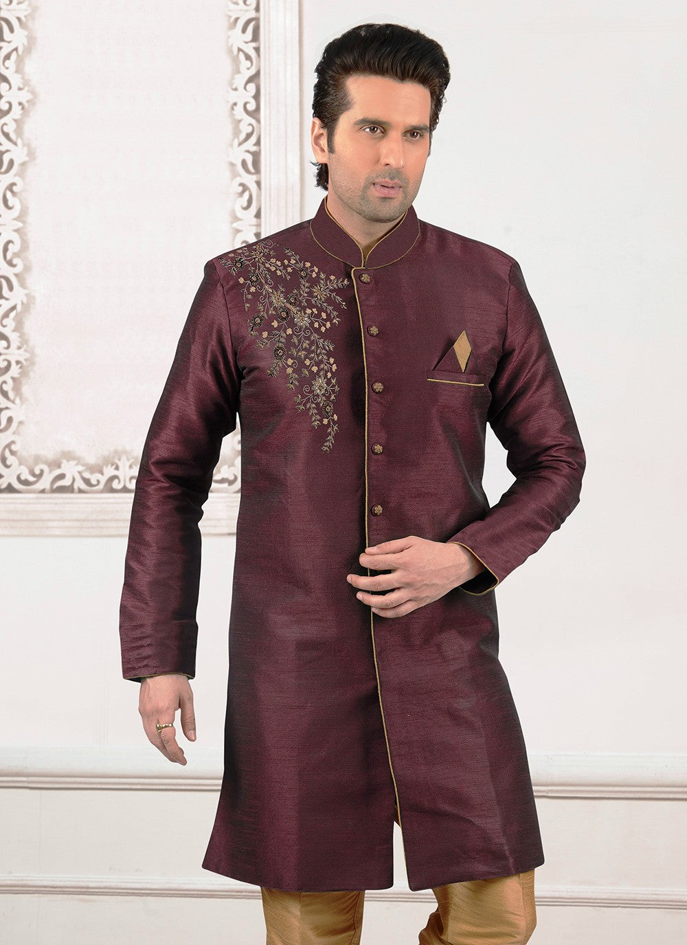 Embroidered Dupion Silk Wine Kurta - M6286