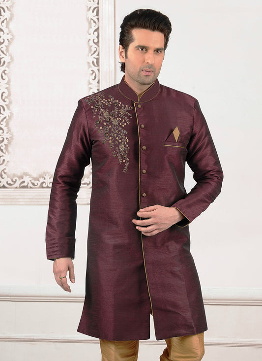 Embroidered Dupion Silk Wine Kurta - M6286
