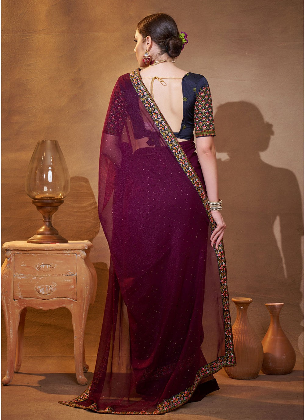Embroidered Chiffon Wine Saree S14460
