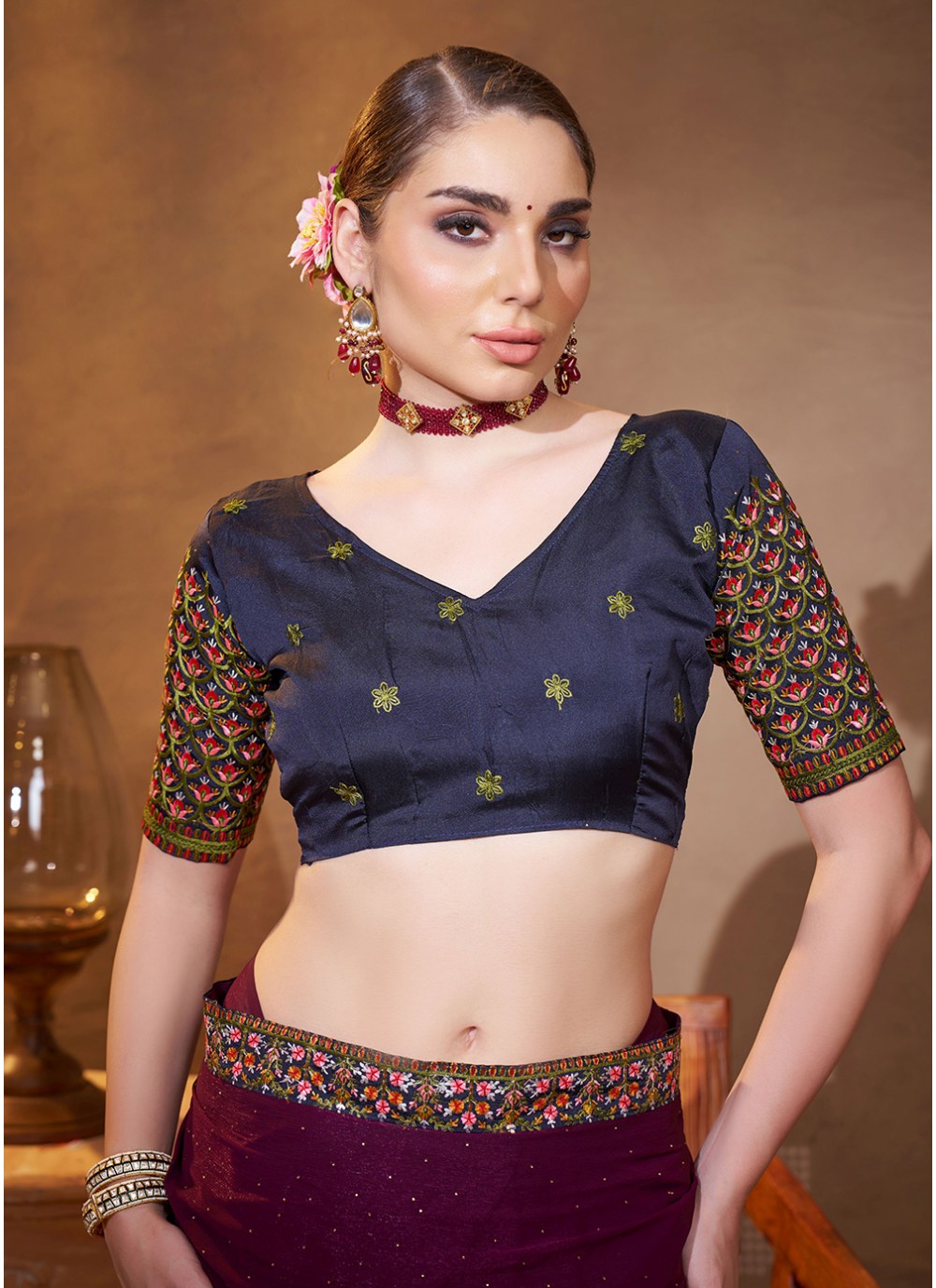 Embroidered Chiffon Wine Saree S14460