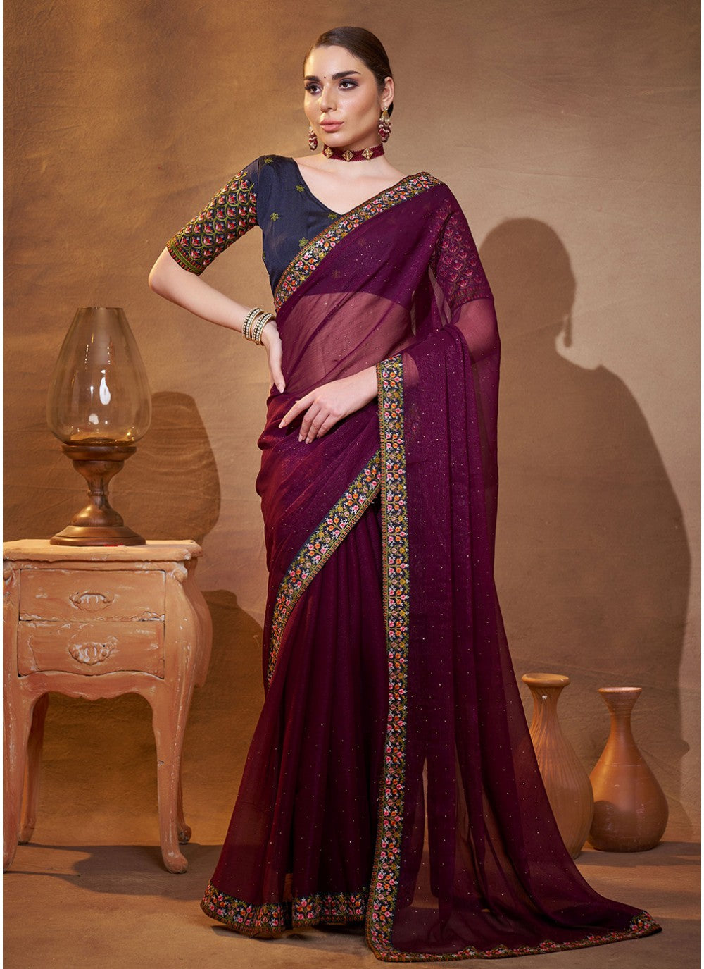 Embroidered Chiffon Wine Saree S14460
