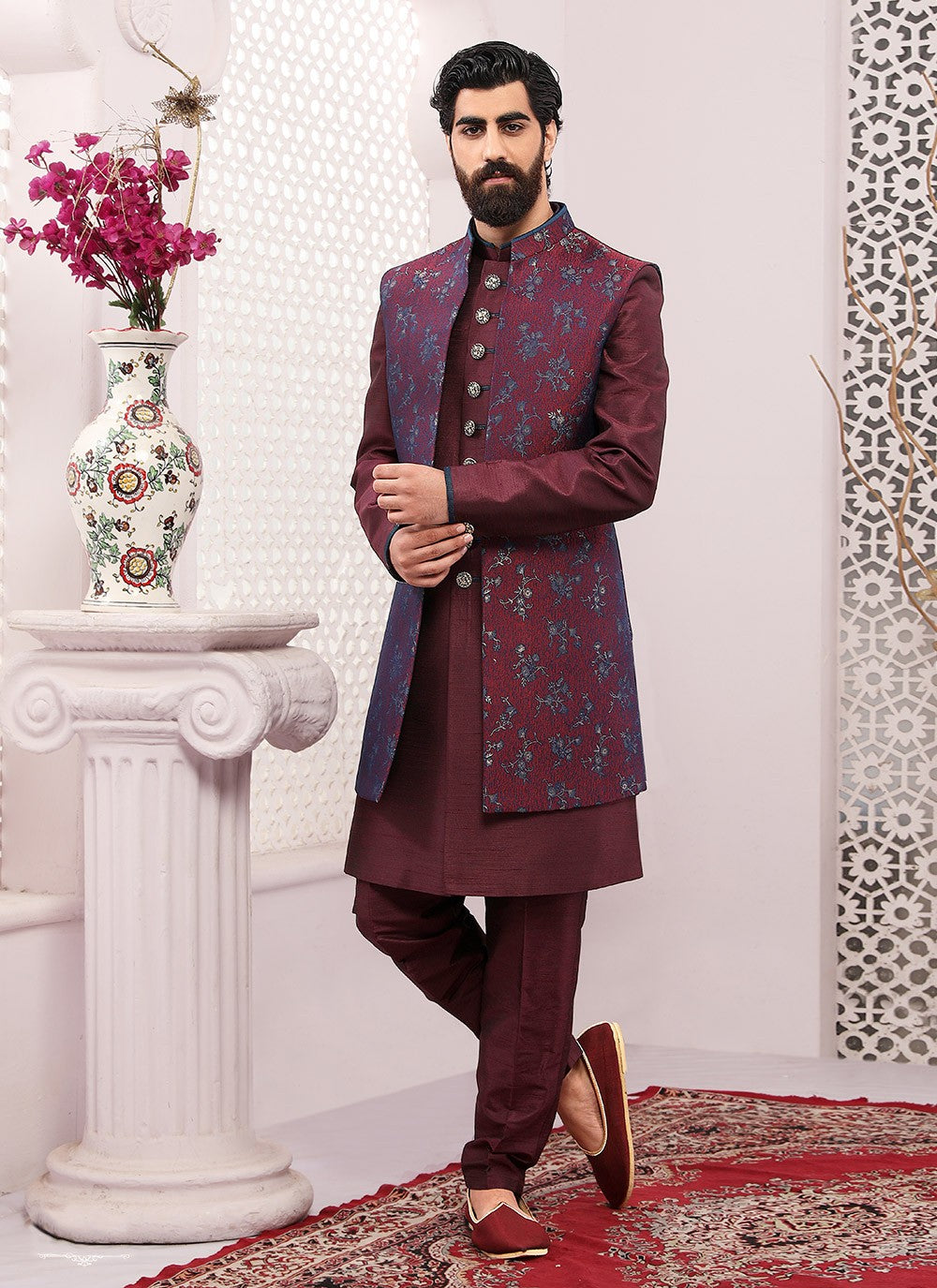 Embroidered Brocade, Jacquard Silk Wine Jacket Style - M3311