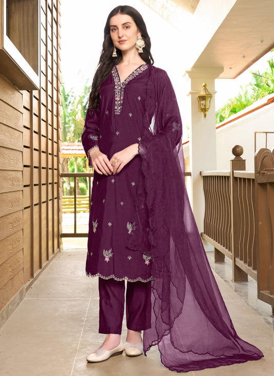 Salwar Suit Embroidered Wine Silk T5336