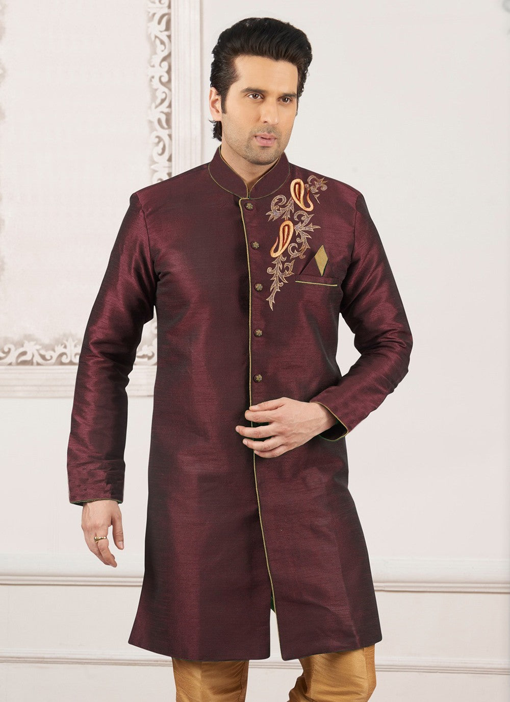 Embroidered Dupion Silk Wine Kurta - M6294