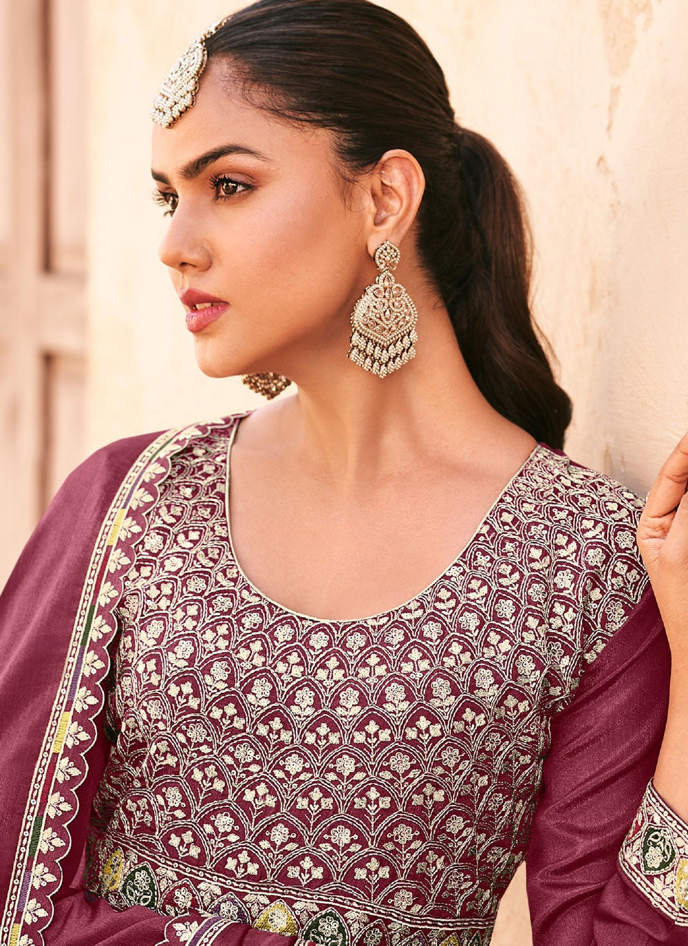 Embroidered Chinon Wine Palazzo Suit T6212