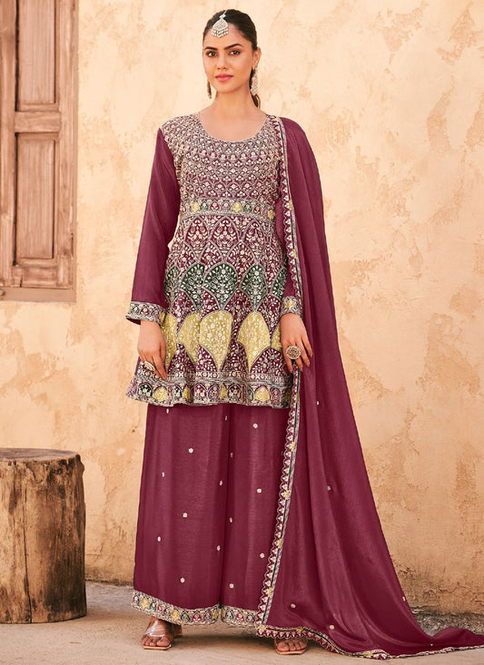 Embroidered Chinon Wine Palazzo Suit T6212