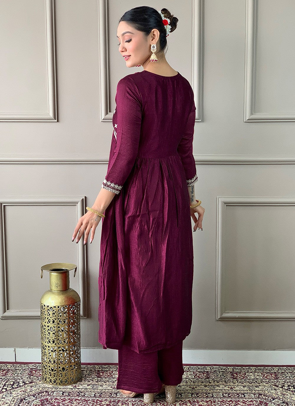 Pant Style Suit Embroidered Wine T6990