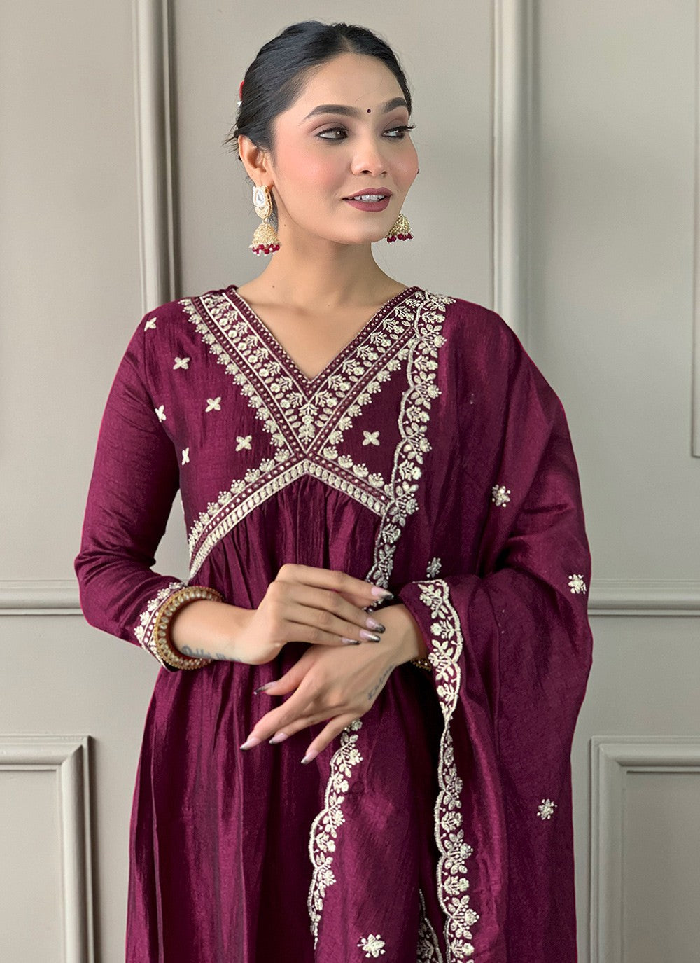 Pant Style Suit Embroidered Wine T6990