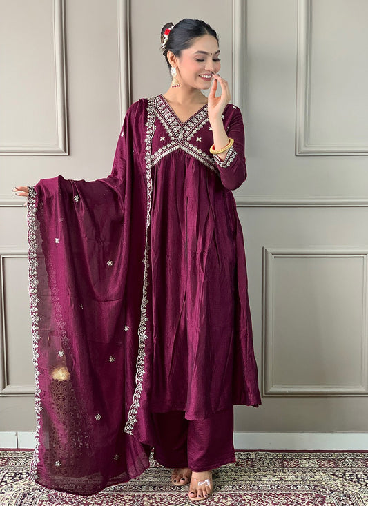 Pant Style Suit Embroidered Wine T6990