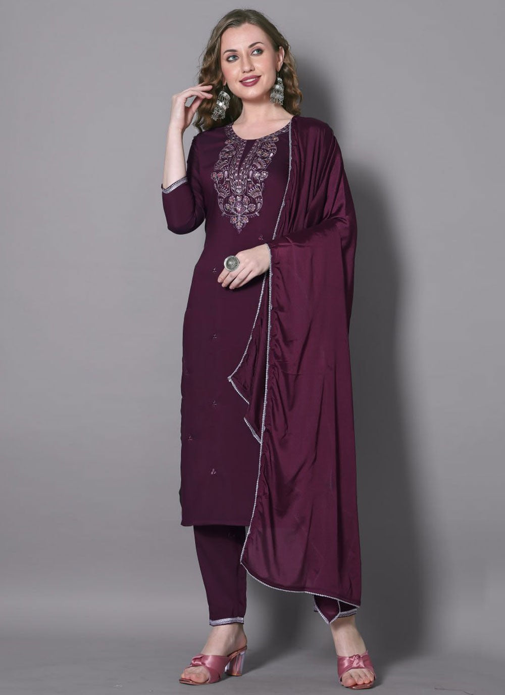 Salwar Suit Embroidered Wine Silk Blend T5297