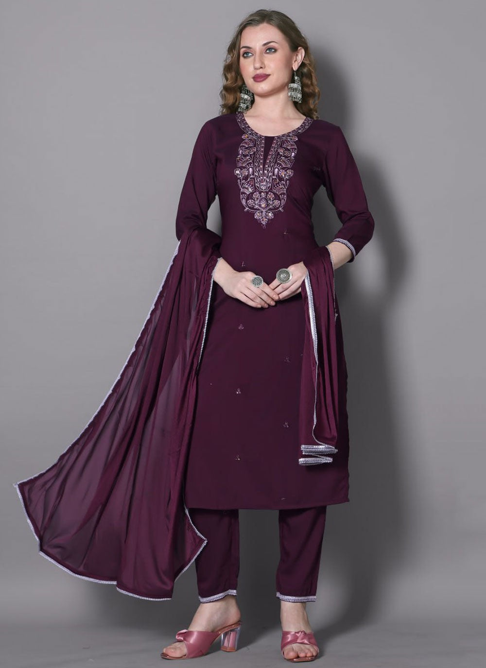 Salwar Suit Embroidered Wine Silk Blend T5297
