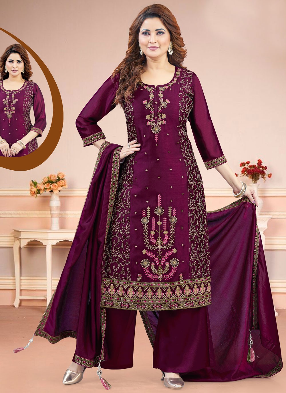 Salwar Suit Embroidered Wine Silk T5827
