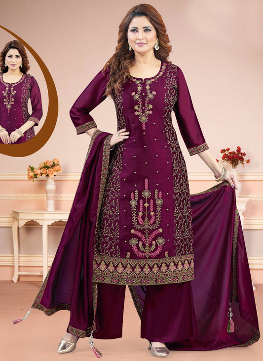Salwar Suit Embroidered Wine Silk T5827