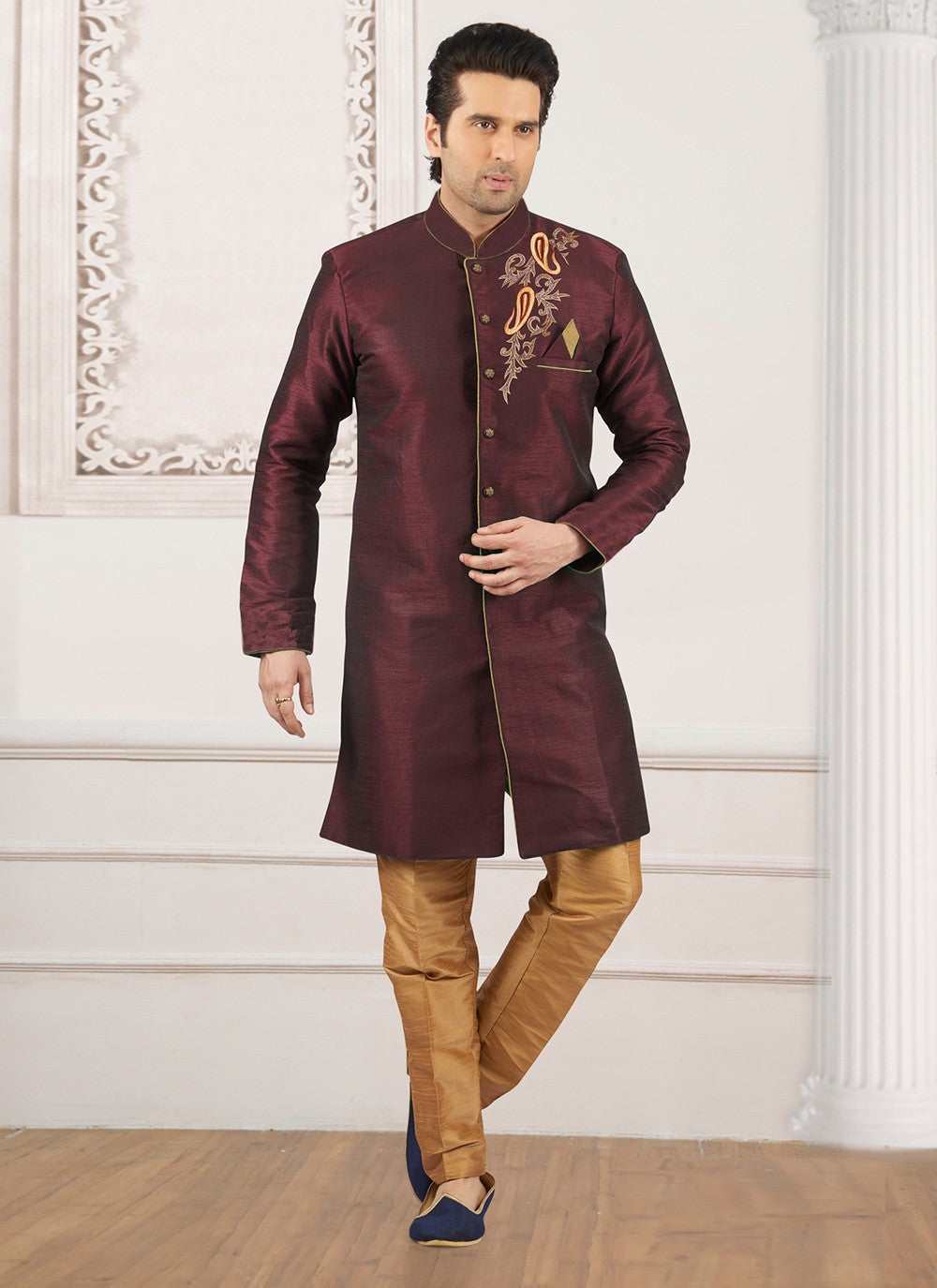 Embroidered Dupion Silk Wine Indo Western - M6387