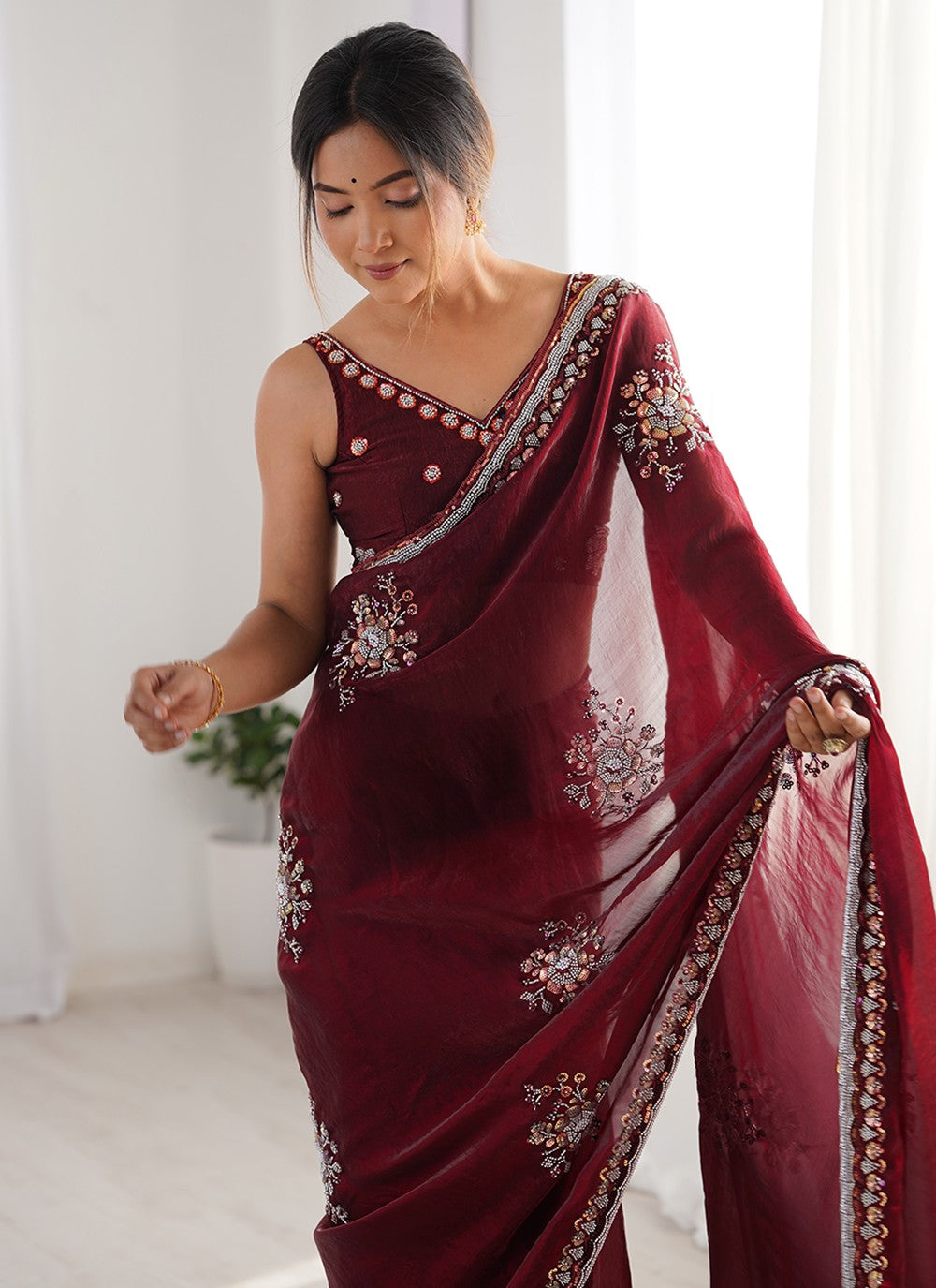 Wine Satin Contemporary Saree Beads, Hand Embroidery S15797