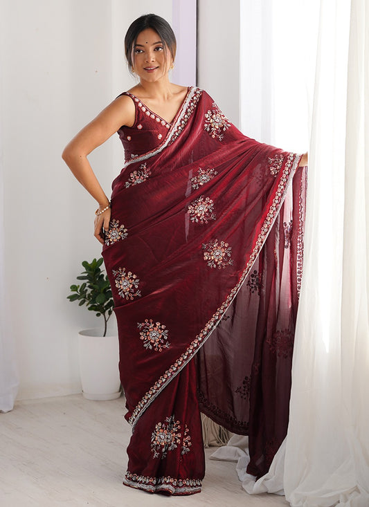 Wine Satin Contemporary Saree Beads, Hand Embroidery S15797