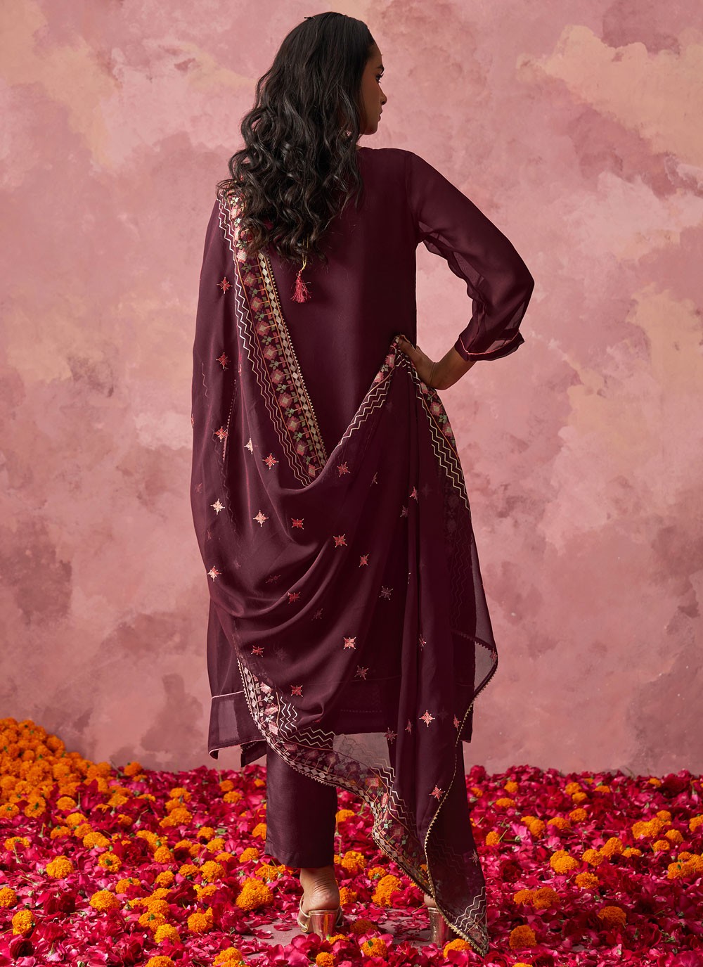 Embroidered Fancy Fabric Wine Salwar Suit T6463