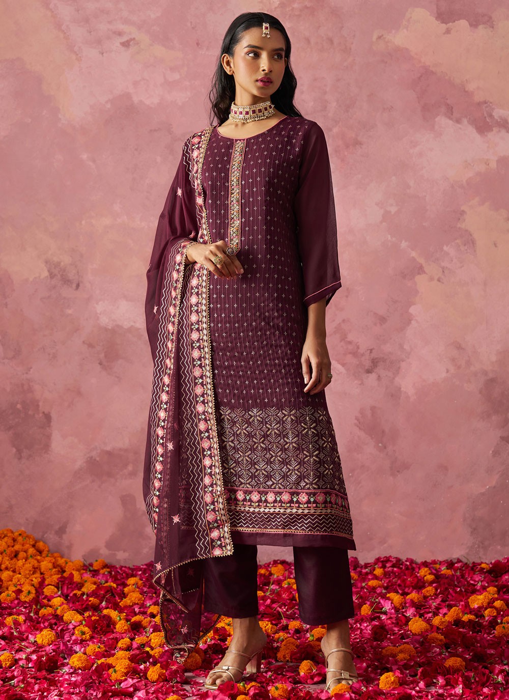 Embroidered Fancy Fabric Wine Salwar Suit T6463