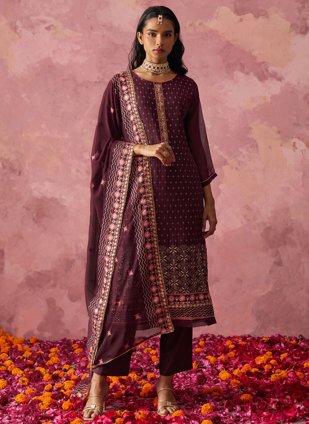 Embroidered Fancy Fabric Wine Salwar Suit T6463